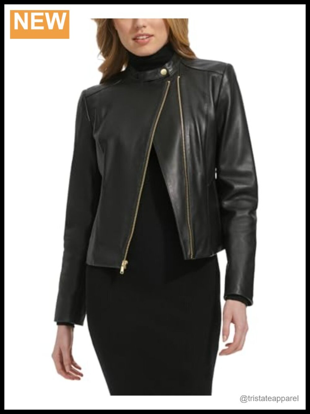 Women's Long Sleeve Snap Collar Asymmetrical Zipper Leather Jacket